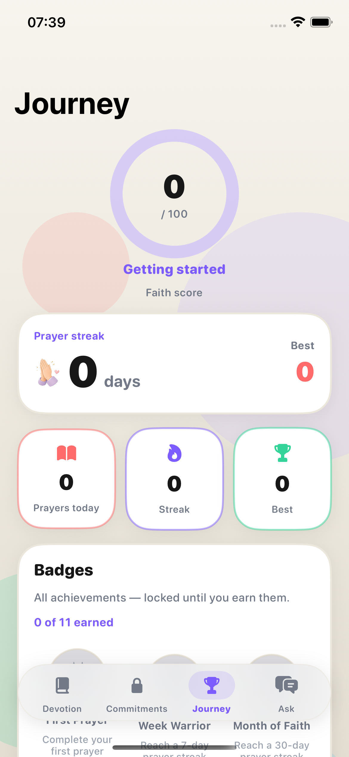 Journey screen showing faith score, prayer streak, and badges